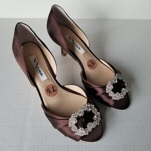 Nina Brown Satin Peep-Toe Heels with Crystal Buckle